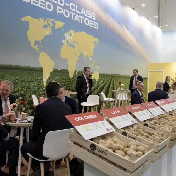 Productdisplay met aardappelen en bezoekers in gesprek tijdens Potato Days event