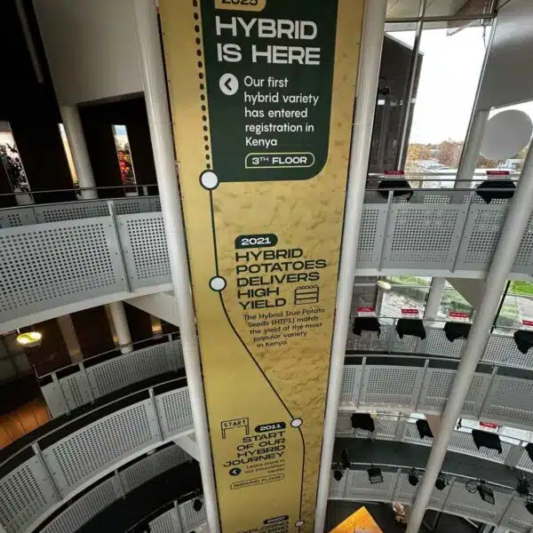 Verticale banner met Hybrid Potato Seeds branding opgehangen tijdens HZCP Potato Days