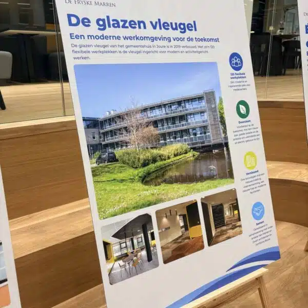 Informatiebord over de glazen vleugel van gemeentehuis Joure in publieksruimte De Fryske Marren, geproduceerd door Dox Imagemakers.